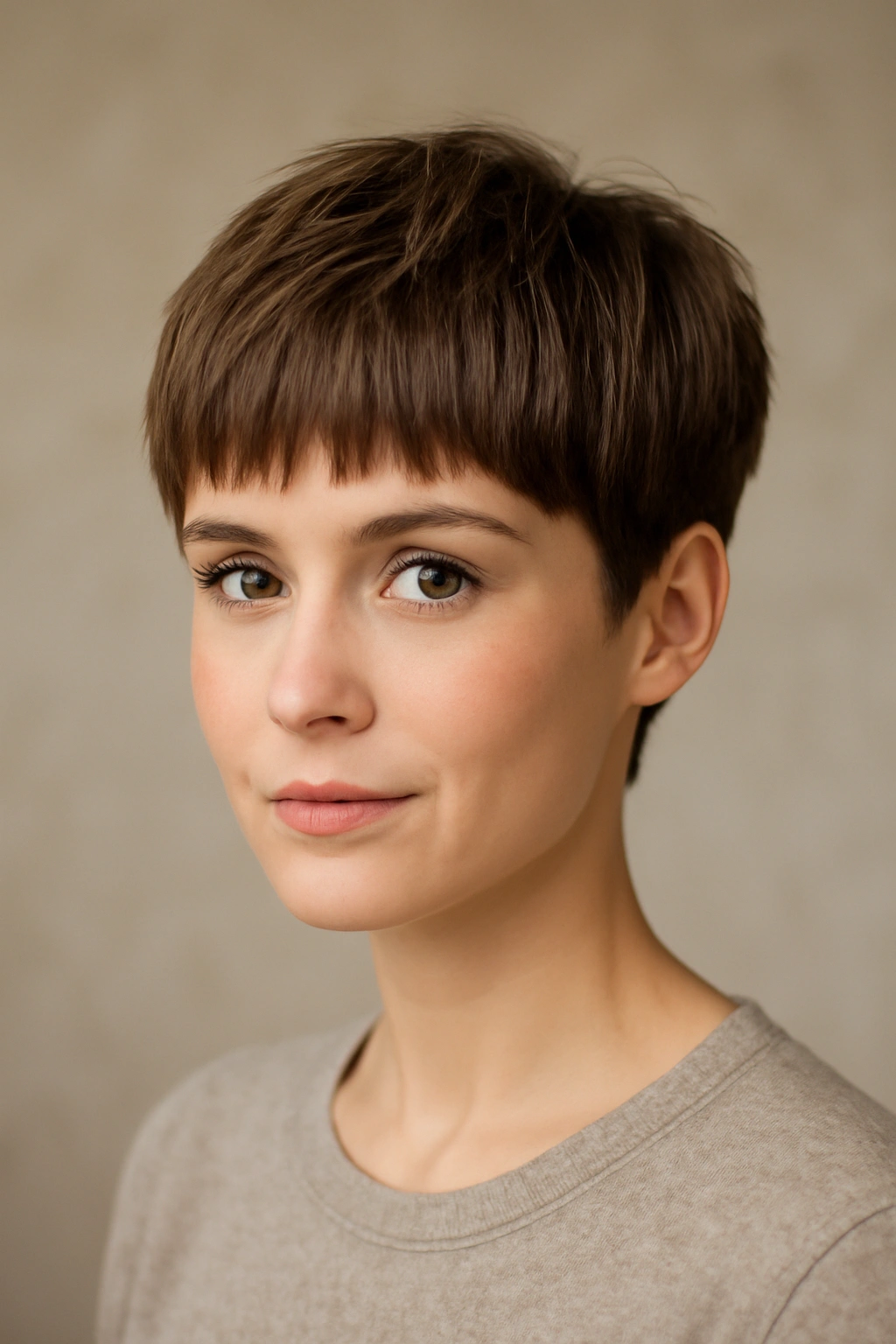 Portrait of a woman with a longer pixie and blunt bangs framing the forehead