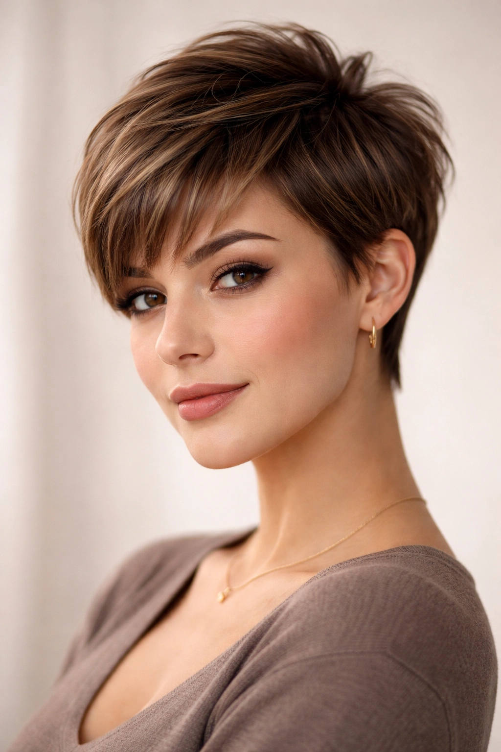 Head-and-shoulders portrait of a person with a pixie cut and bangs highlighting top height
