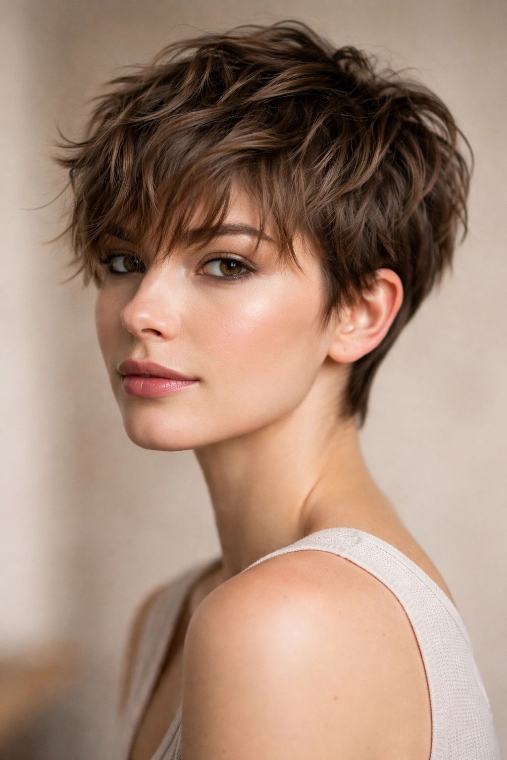 Close-up of a wavy textured pixie crop with longer bangs