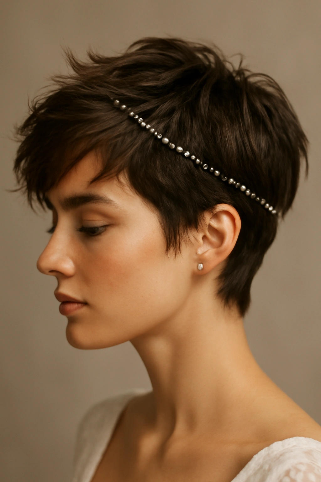 Tousled pixie hairstyle with a beaded hair chain across the crown