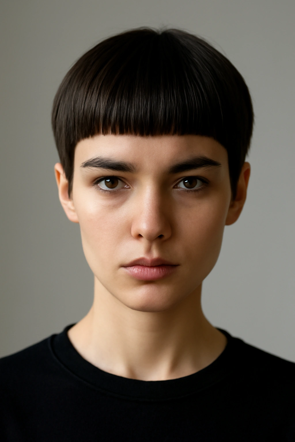 Blunt pixie haircut with pronounced bangs highlighting sharp lines