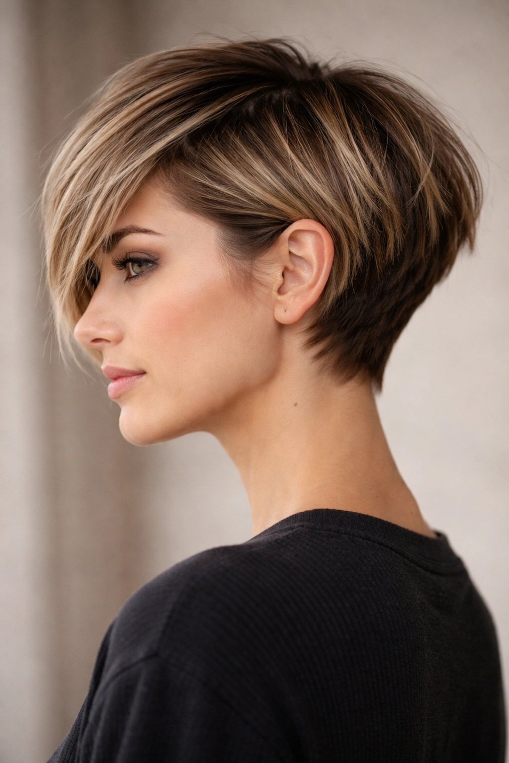 Close-up of a pixie-bob blend hairstyle with a short back and longer textured front