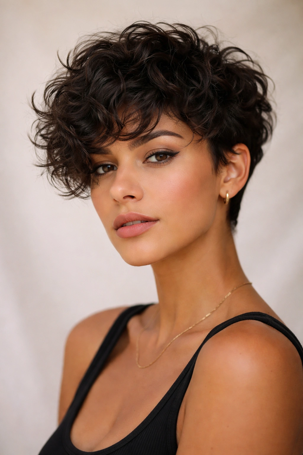 Close-up of a short textured curly pixie bob with bold, chopped curls