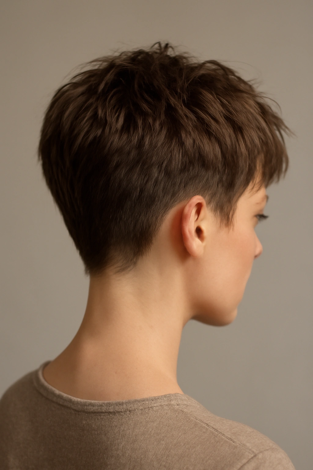 Close-up of pixie bob hairstyle with short back and textured top