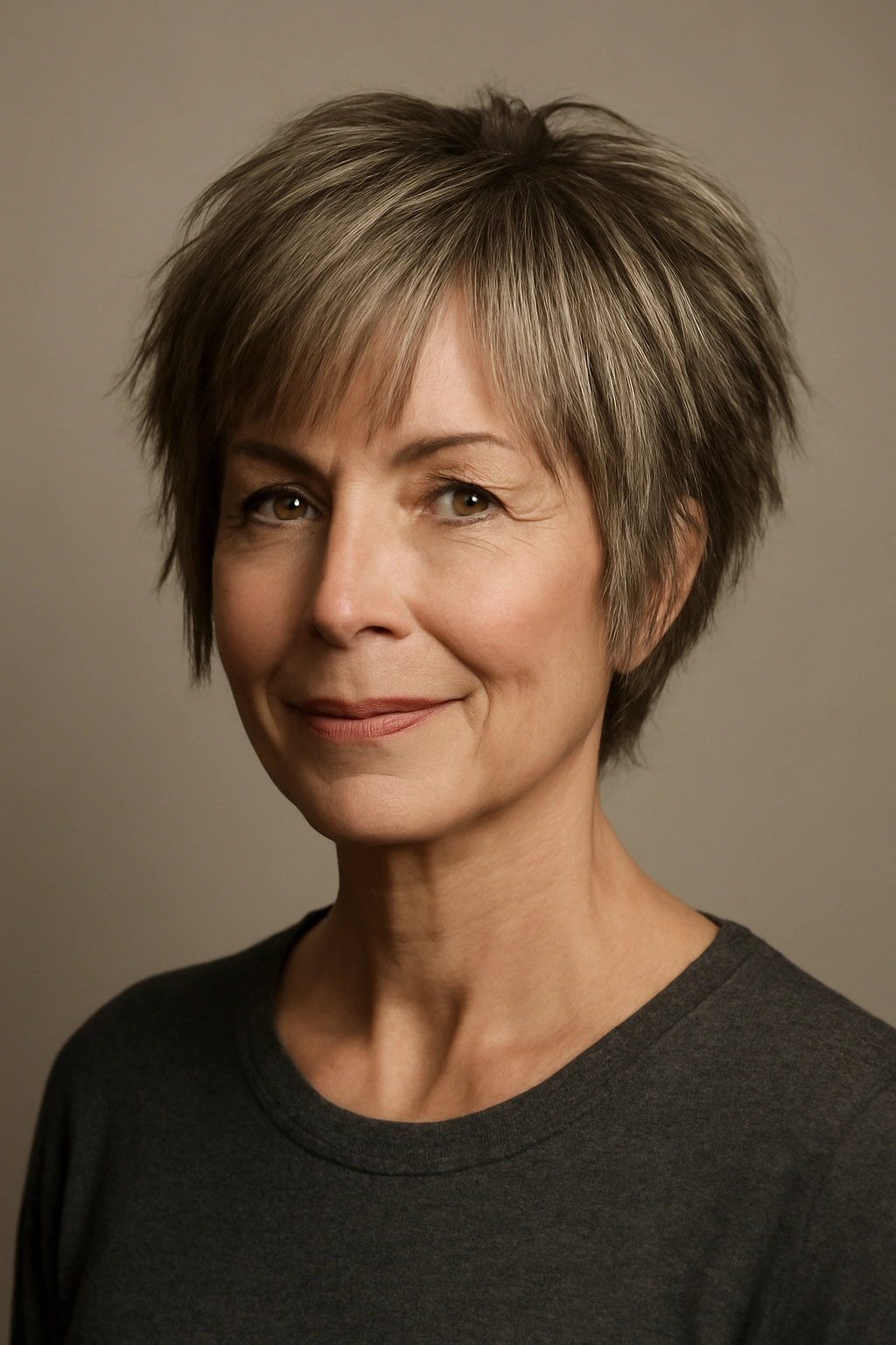 Choppy pixie-bob hairstyle on a mature woman with textured layers