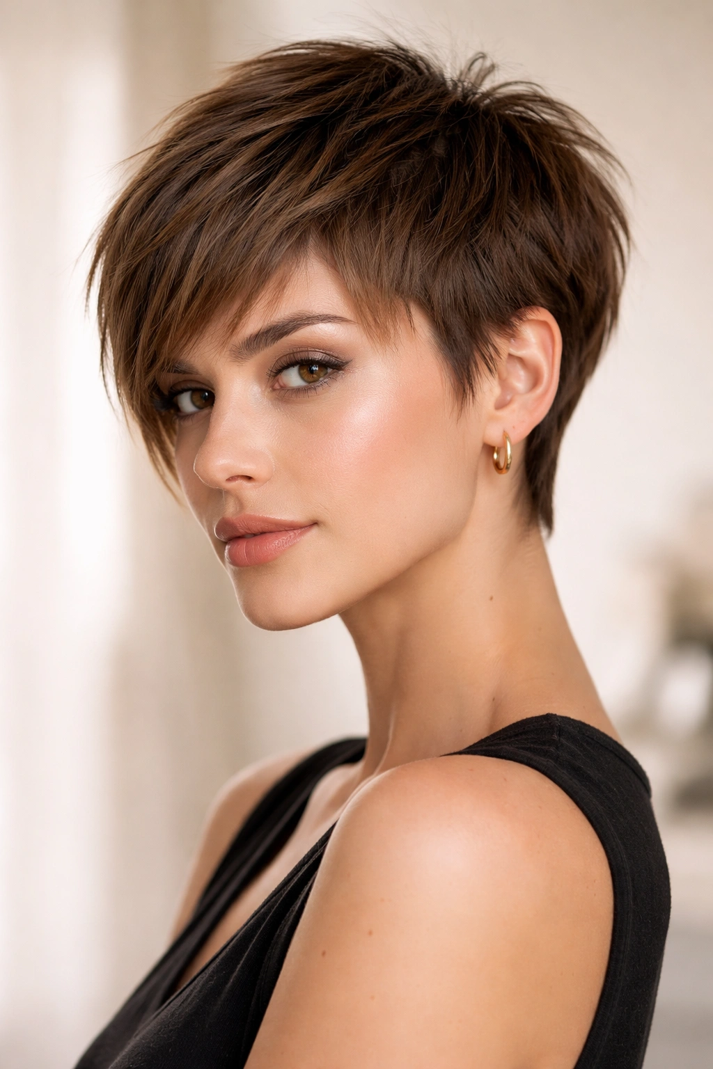 Close-up of pixie-bob haircut with short crown and longer front pieces.