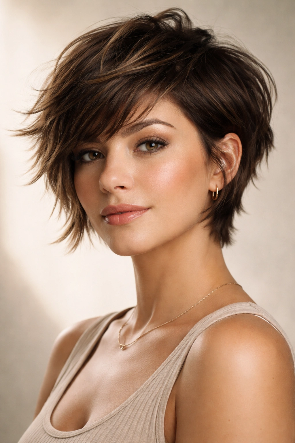 Choppy pixie-bob hairstyle with longer back and jagged crown layers on a model.