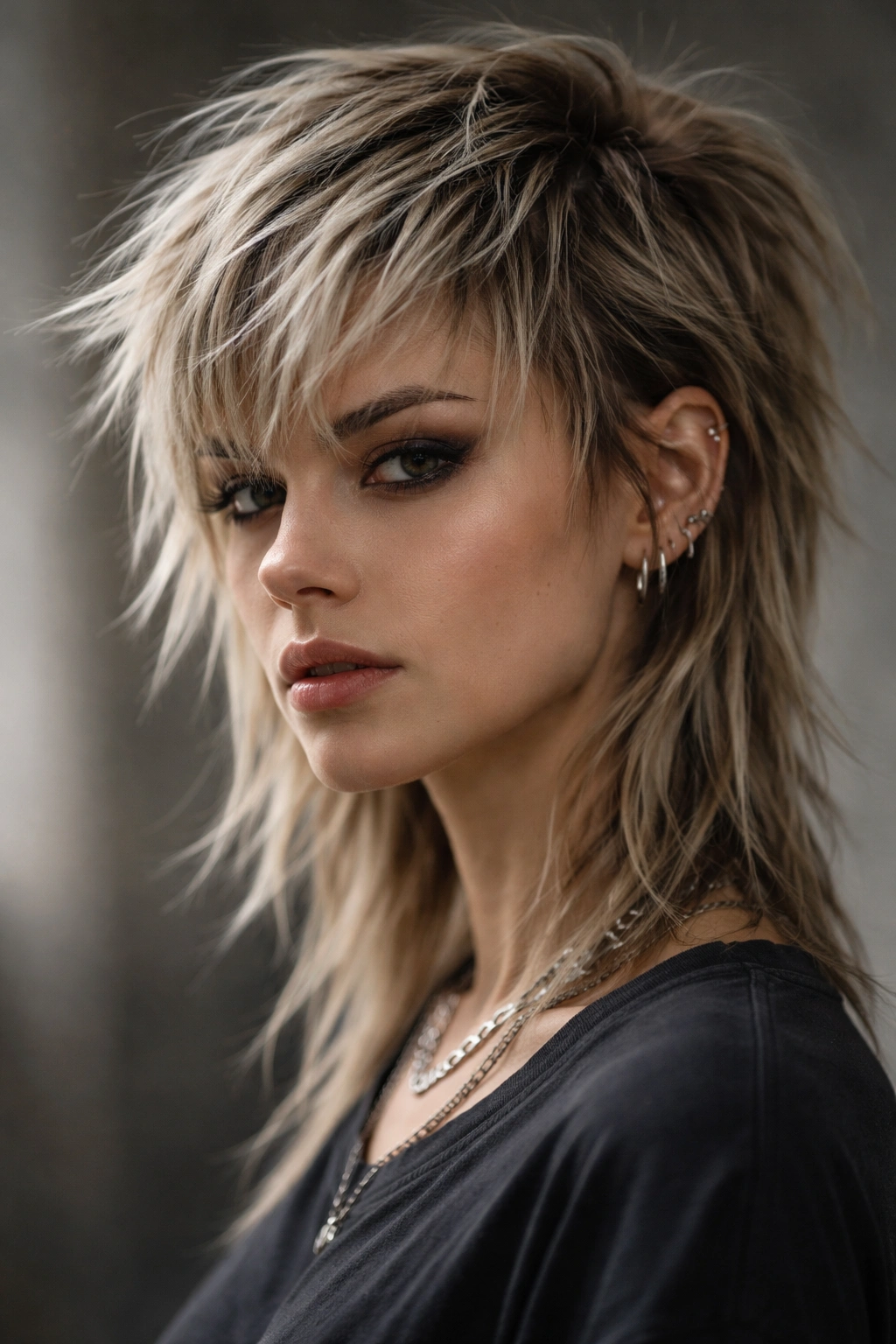 Very short top with jagged layers transitioning to longer sides in pixie-bob hybrid