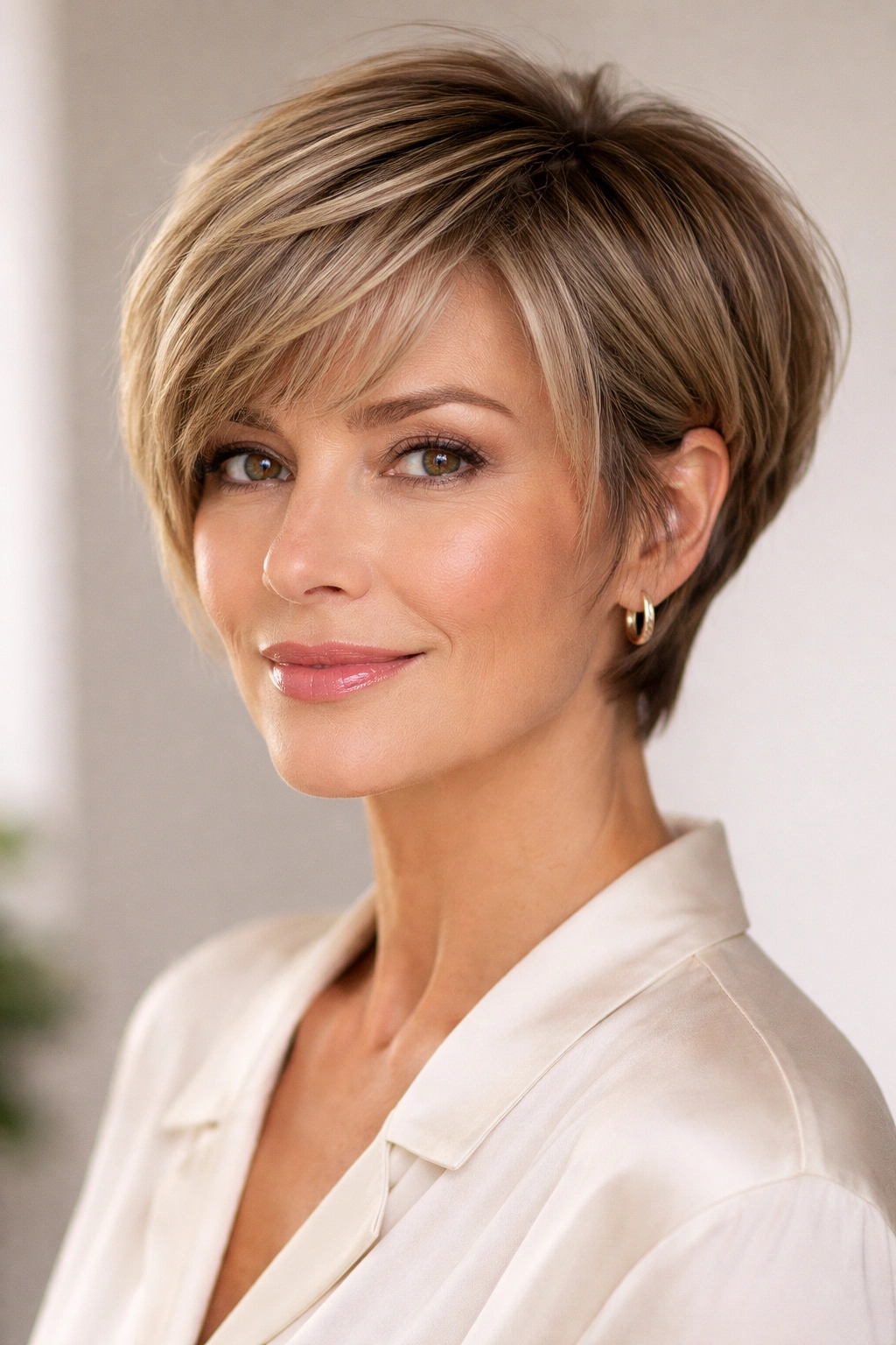Portrait of a mature woman showcasing a pixie-bob hybrid with short back and longer front