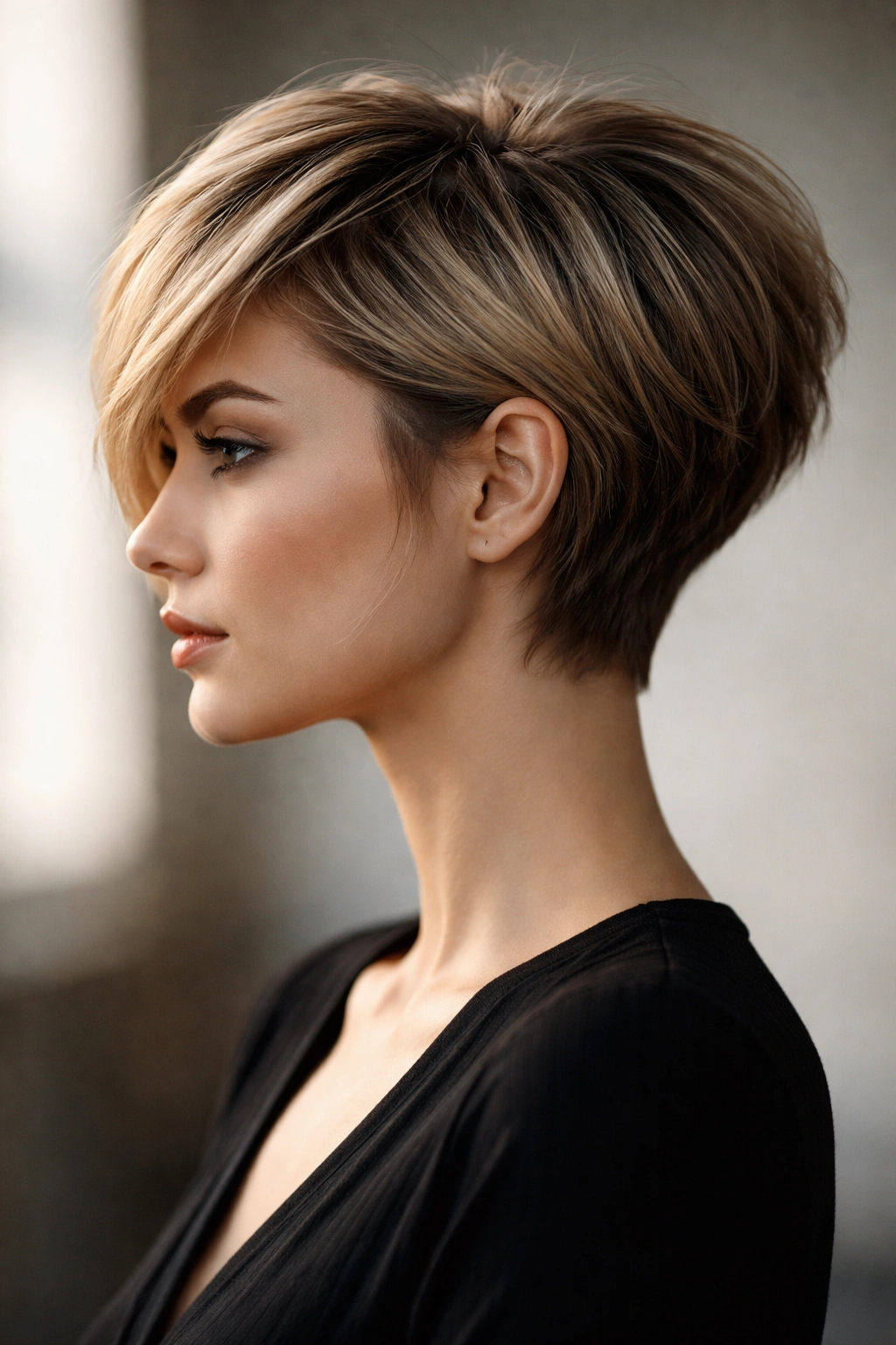 Pixie-bob hybrid hairstyle with dramatic short back and longer front