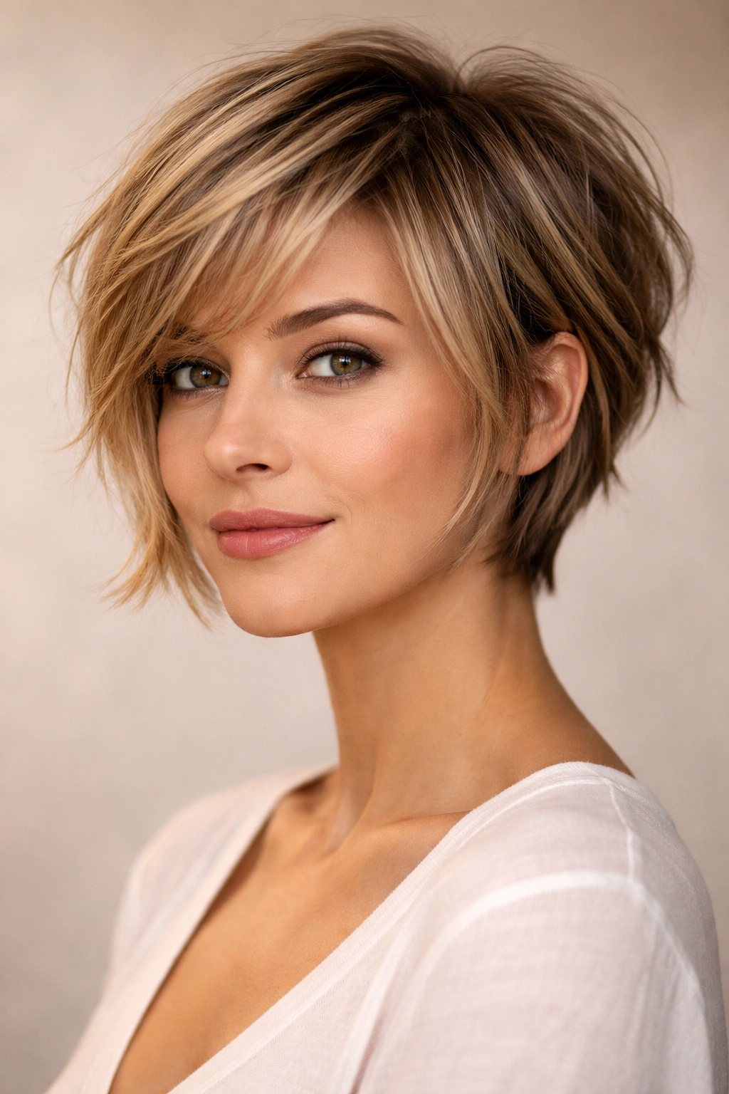 Portrait of a layered pixie-bob hybrid haircut