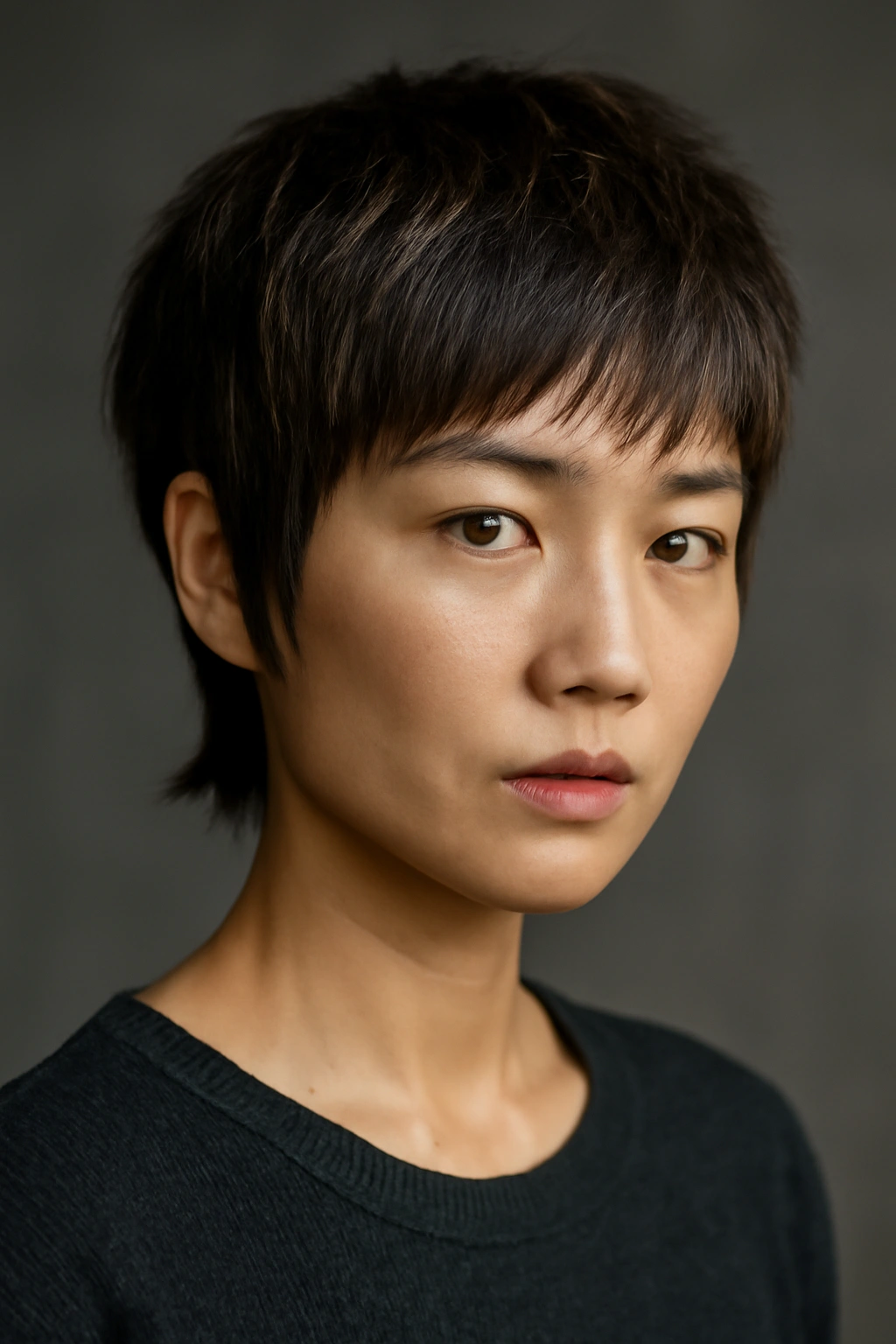 Asian woman with pixie bob hybrid hairstyle with short textured crown.