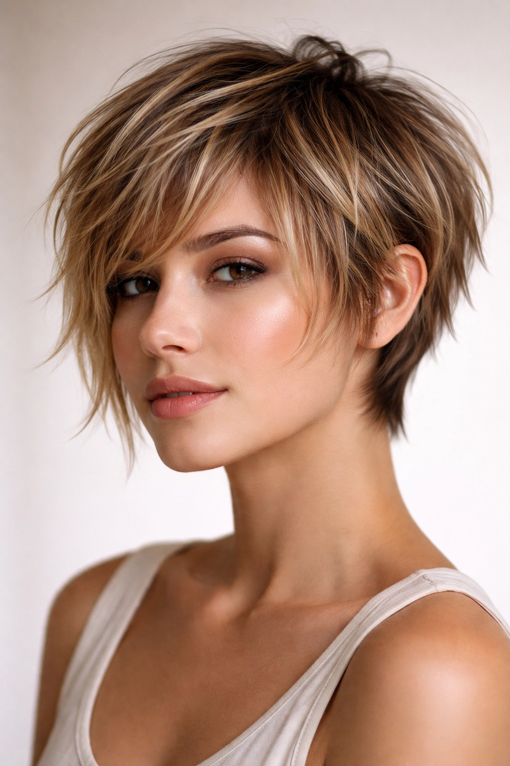 Frontal portrait of a model with a choppy pixie bob hybrid featuring short back and longer front pieces.