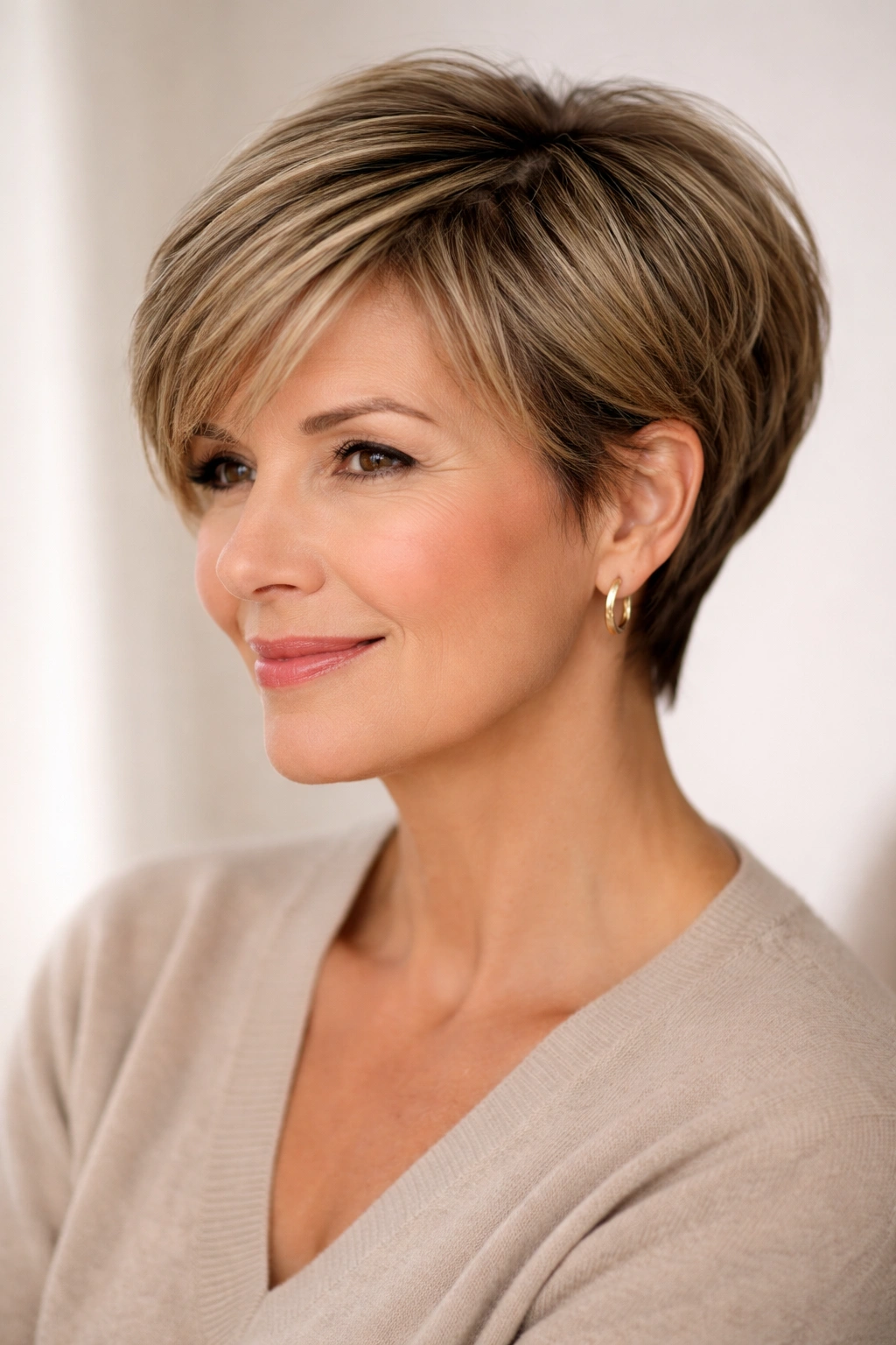 Side-front view of a grown-out pixie or pixie-bob hybrid on a round-faced model over 50