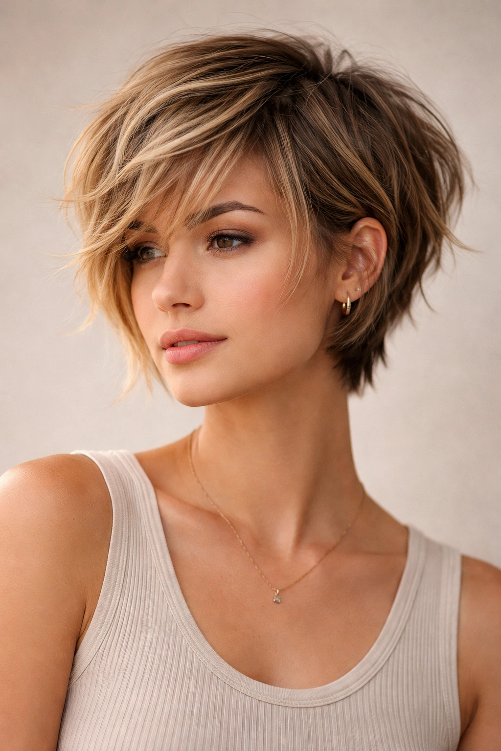 Portrait of a short choppy pixie-bob hybrid with textured layers.