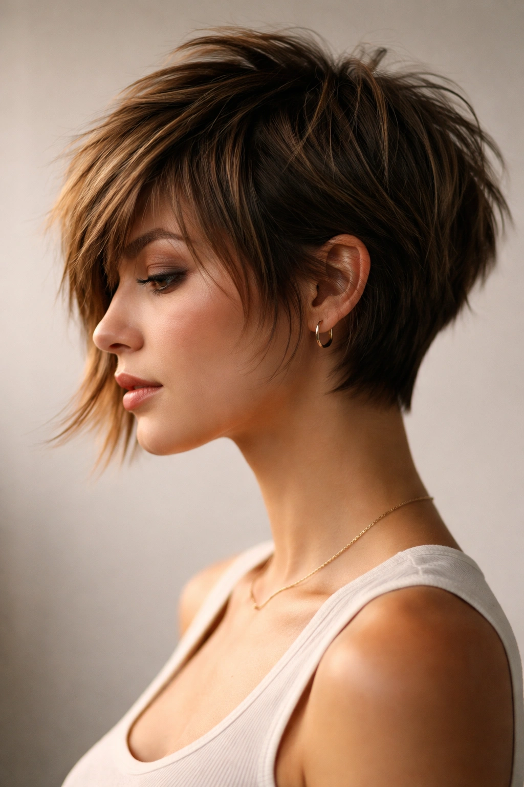 Profile view of a choppy pixie-bob hybrid showing crown texture and chin-grazing front