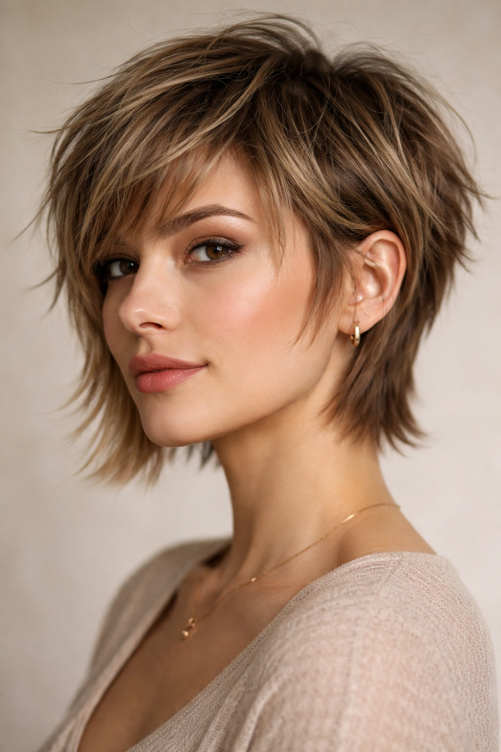 Model with choppy pixie bob hybrid hairstyle showing layered top