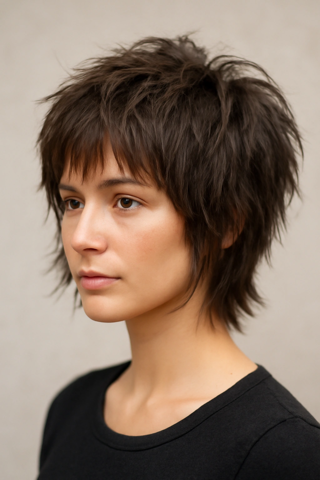 Head-and-shoulders portrait of a heavily layered pixie-bob haircut
