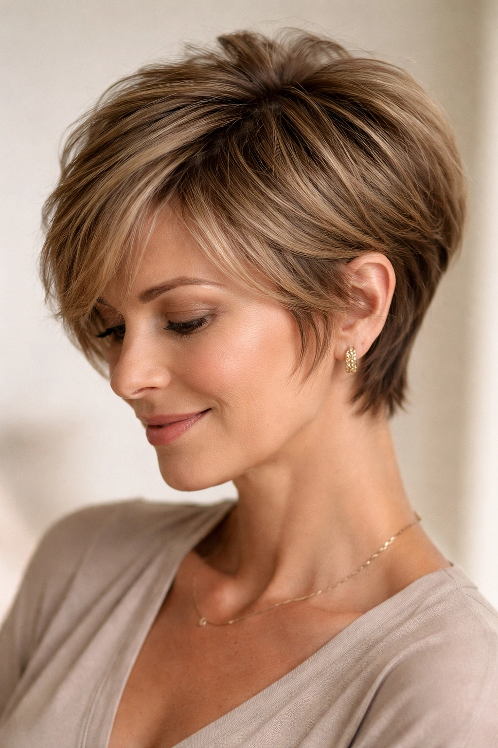 Soft layered pixie-bob hybrid hairstyle close-up portrait.