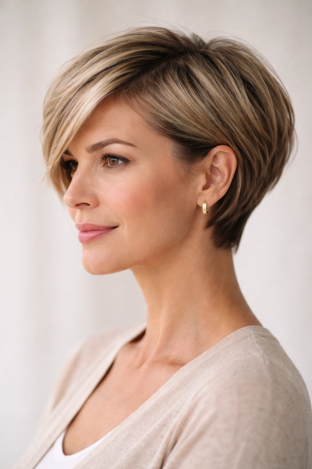 Three-quarter view of a pixie bob hybrid showing top length and tapered sides.