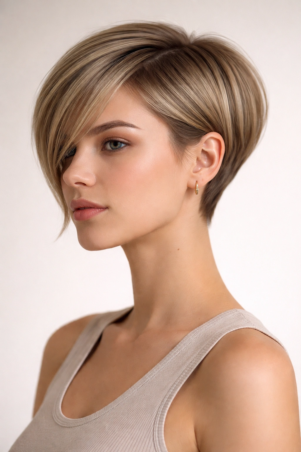 Minimalist pixie-bob hybrid haircut with short crown and longer front in a studio portrait