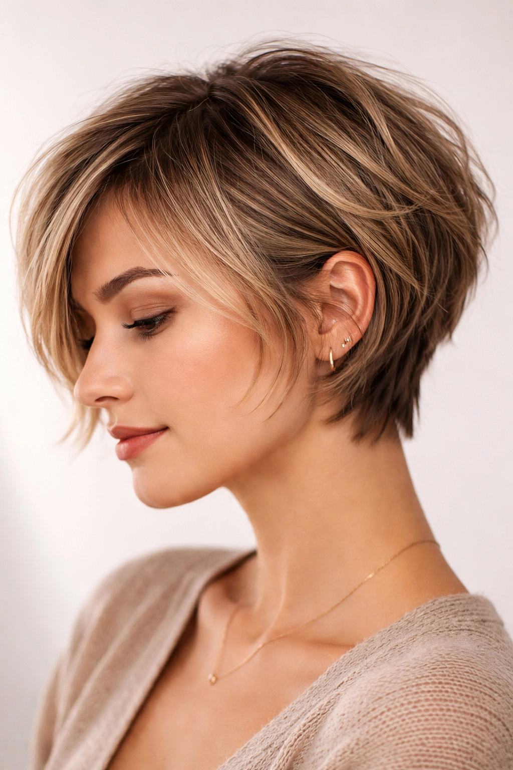 Close-up of a textured Pixie Bob Hybrid cut with layered top and soft edges