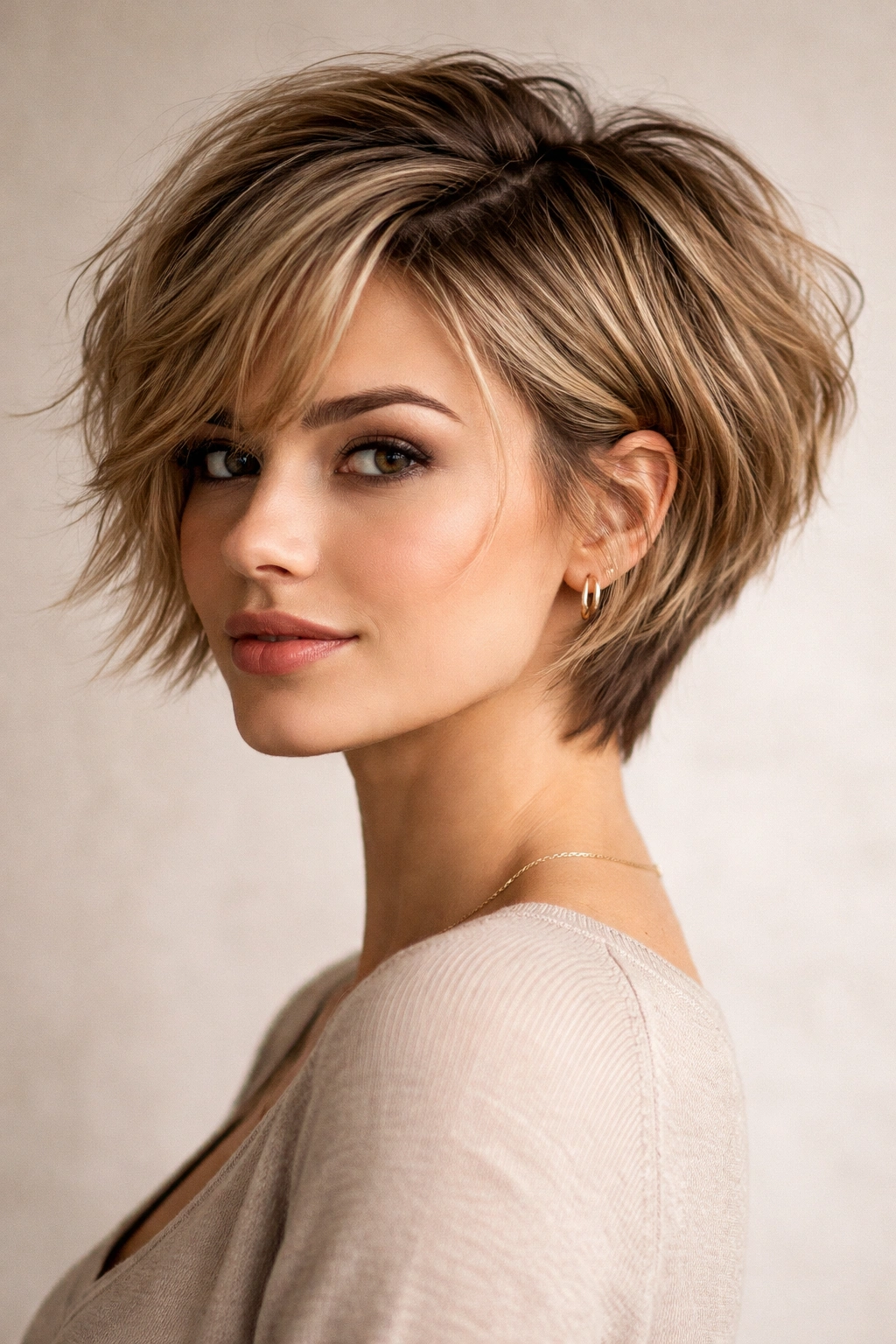 Front pixie-length with longer back creating a textured, hybrid bob