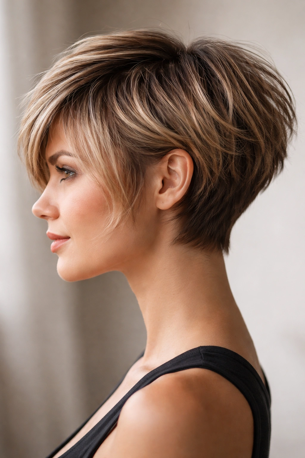 Close-up profile of a textured pixie-bob hybrid haircut with cheekbone-length front and cropped back