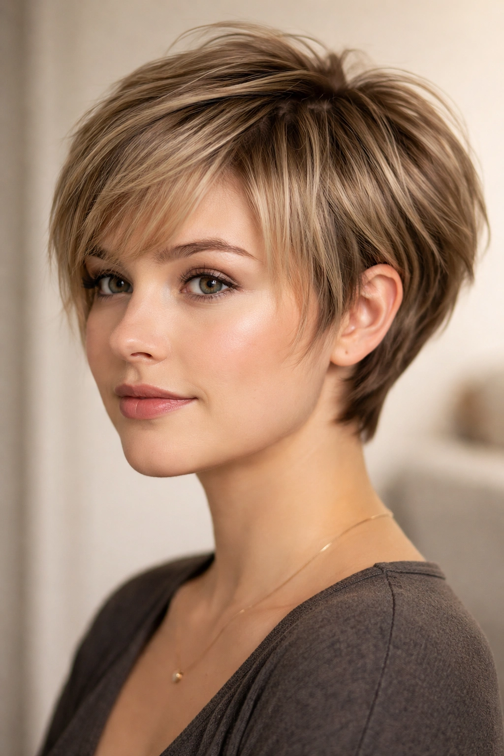 Layered pixie-bob hybrid on round face with fine hair