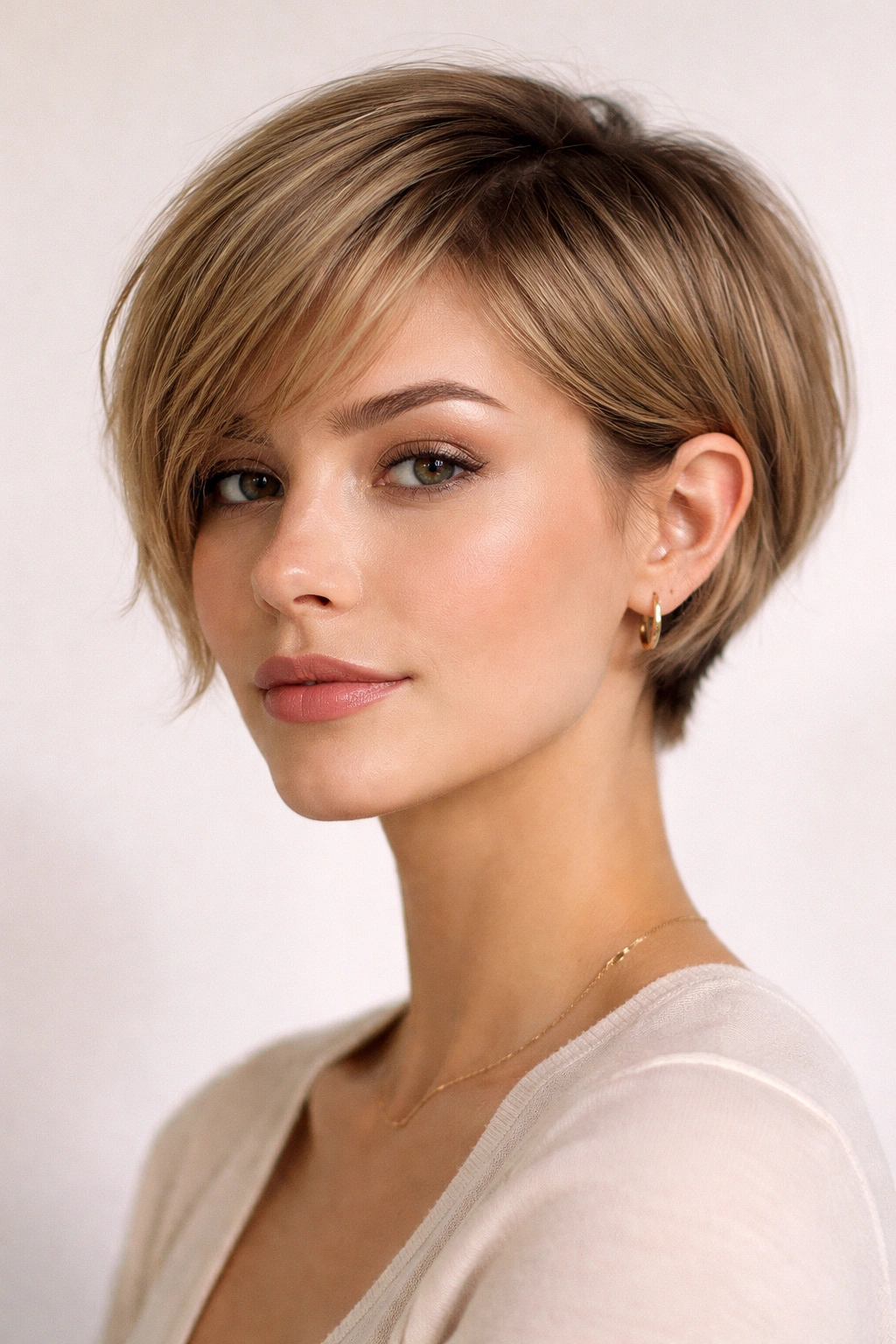 Close-up of a person with a short pixie bob