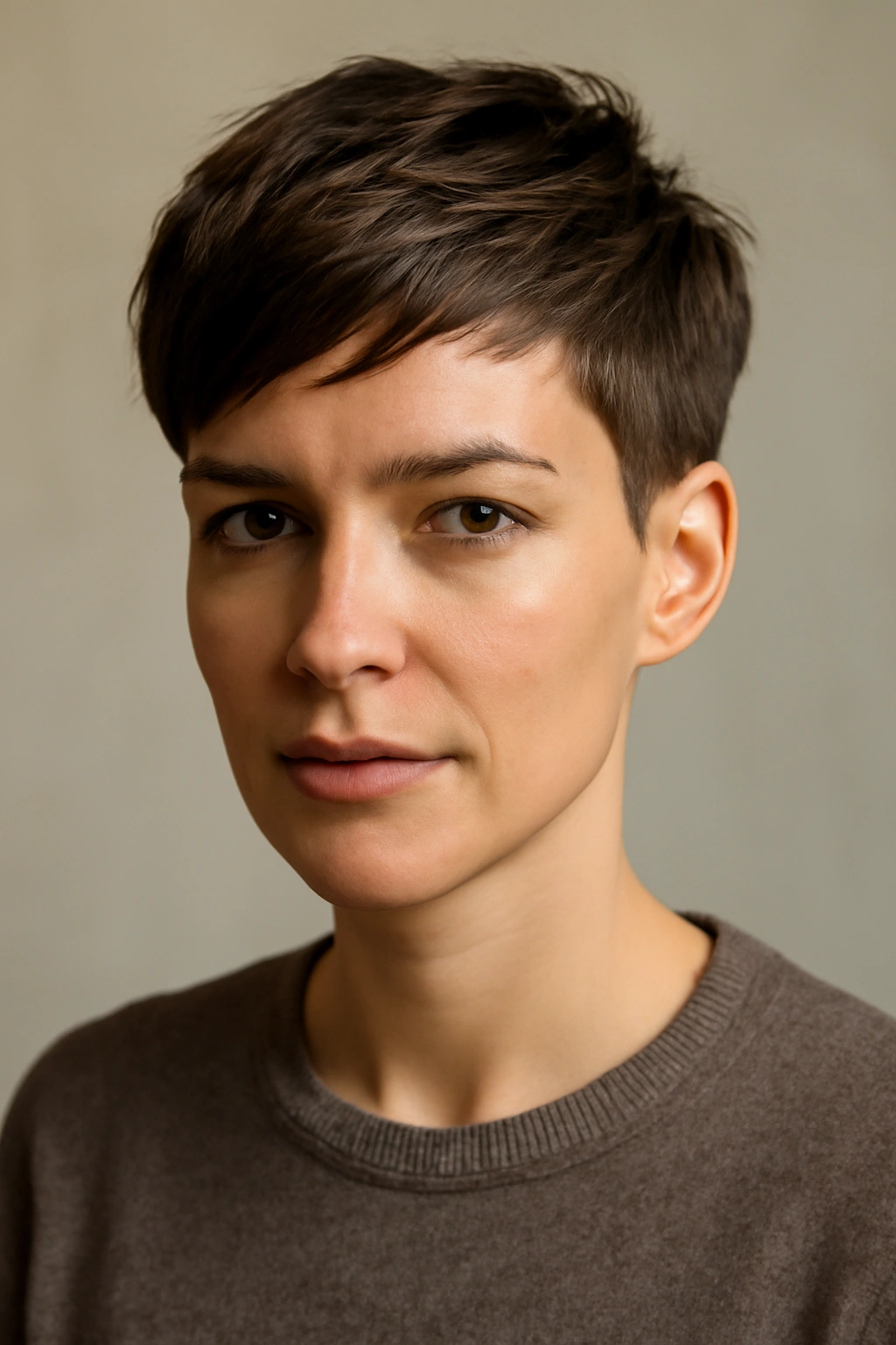Close-up portrait of a person with a pixie bob showing short sides and longer top.