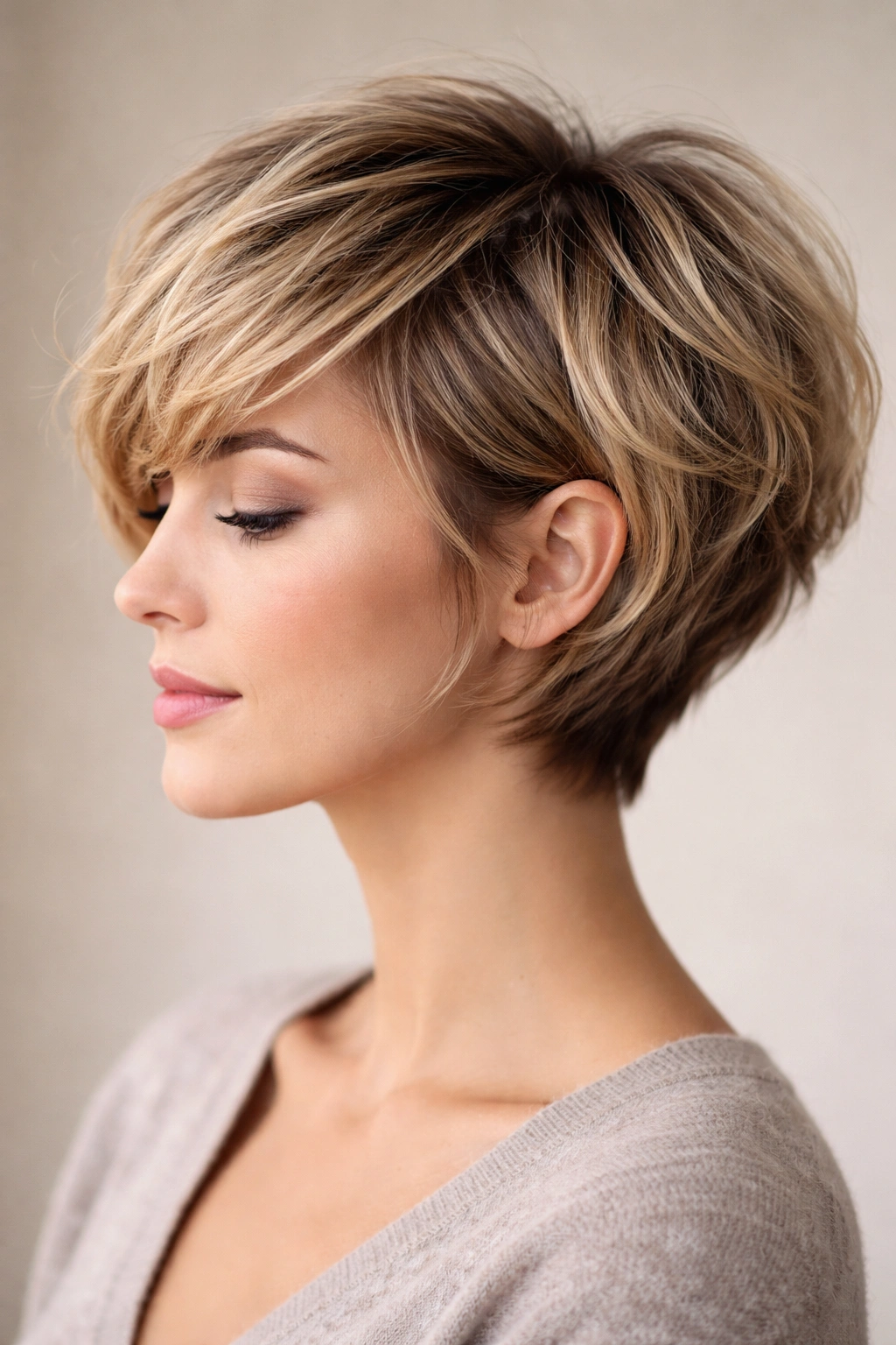 Close-up profile of textured pixie-bob hairstyle for long-face balance