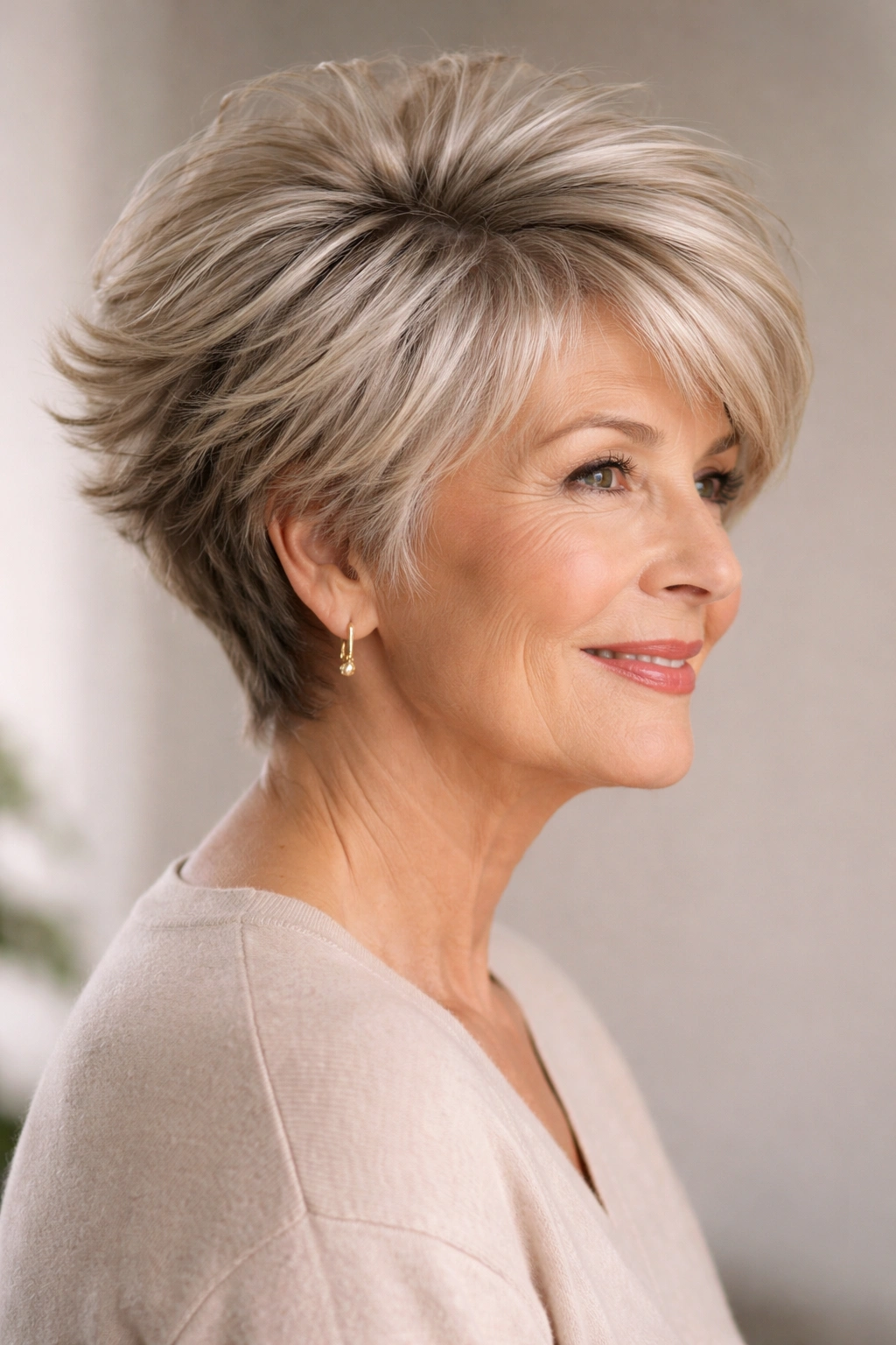Profile view of a voluminous pixie-bob with outward flipped textured layers.