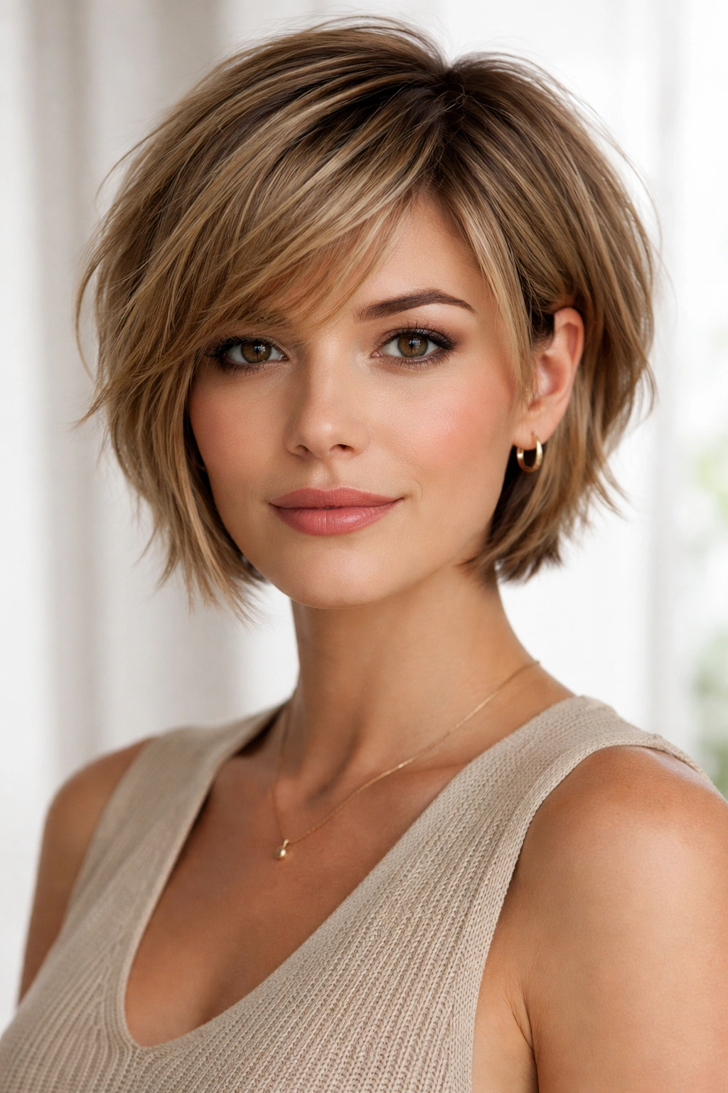Pixie bob with chin-length cut and textured layers.