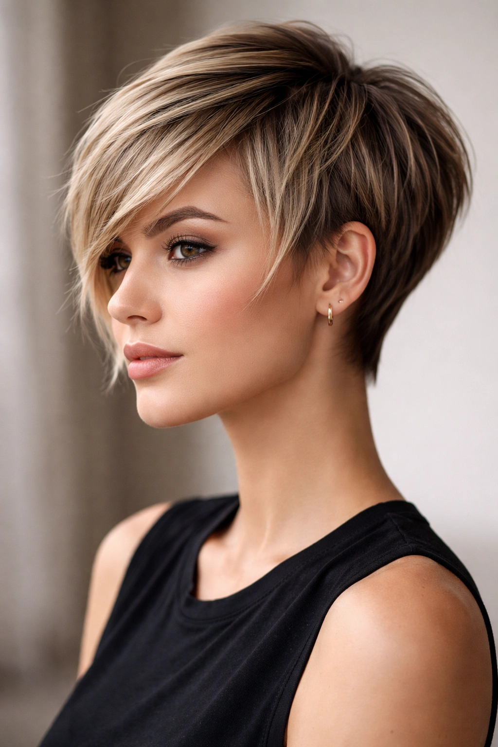 Close-up of The Sharp Textured Pixie Bob with choppy layers and side-swept fringe