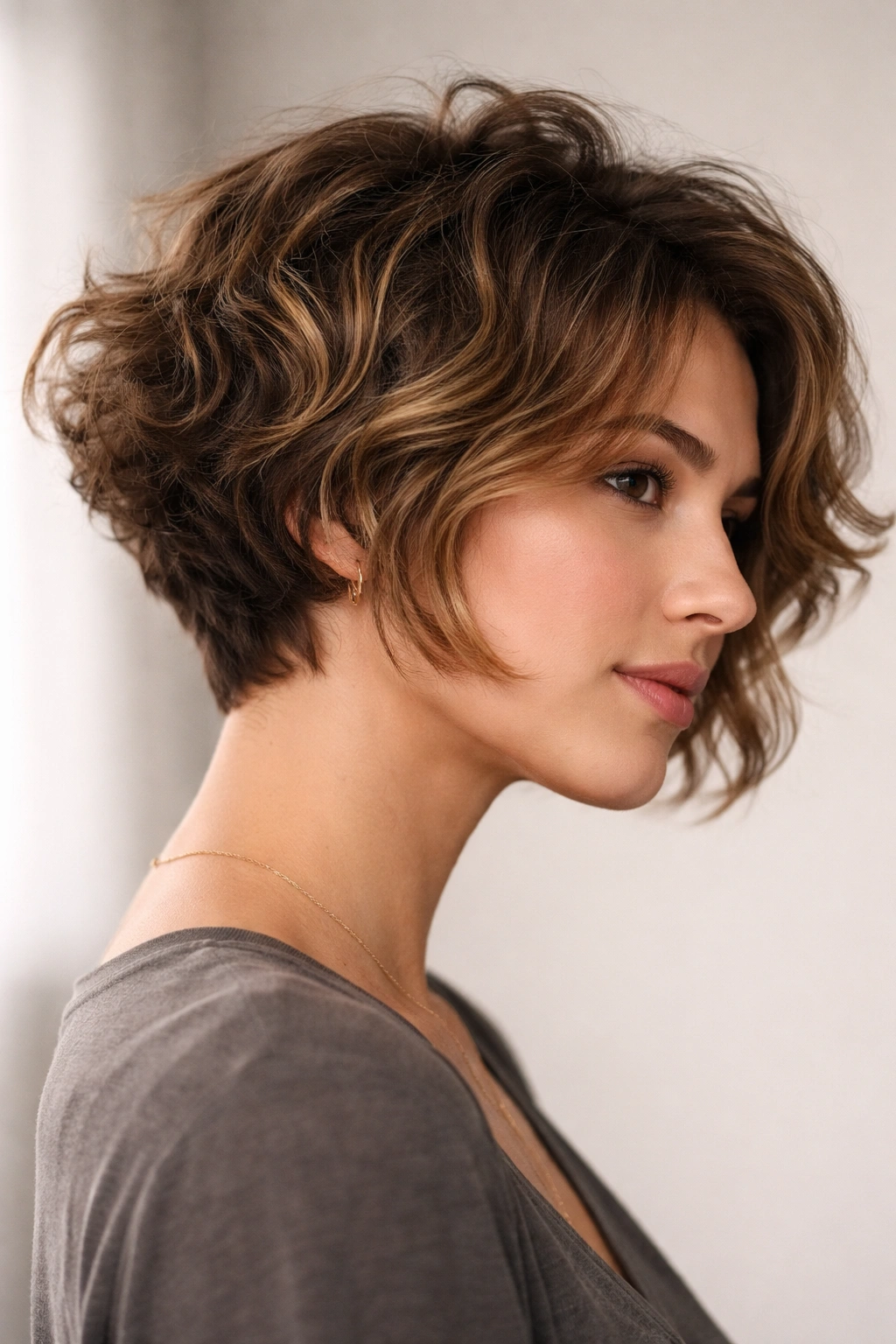 Profile of model with textured pixie-bob hybrid showing short back and longer front