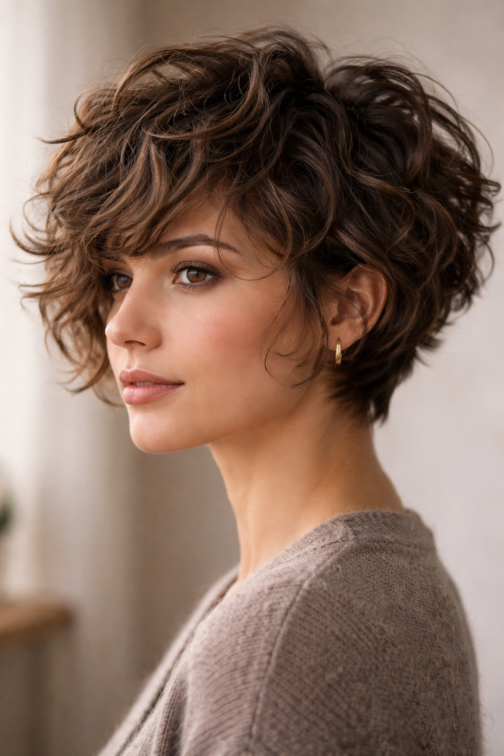 Thick curly hair in a tousled textured pixie-bob with face-framing pieces and short back.