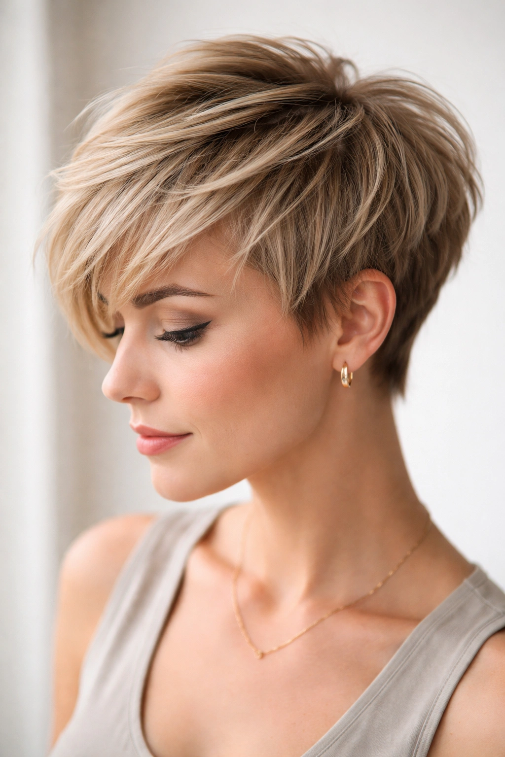Close-up of textured pixie-bob hybrid on a model with fine hair