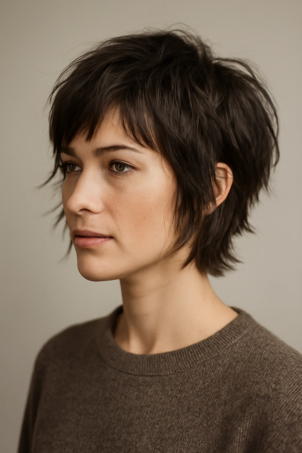Head-and-shoulders portrait of a model with a textured pixie-bob hybrid haircut featuring a short back and longer front pieces.