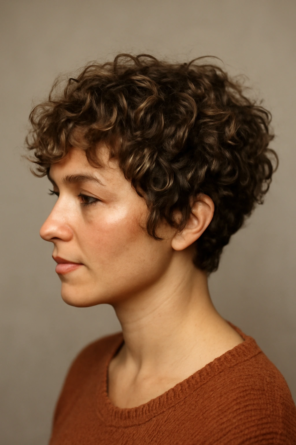 Close-up of a short textured pixie-bob with tight curls.