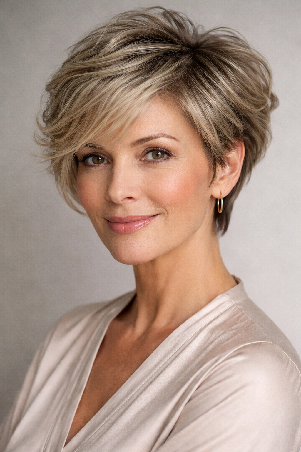 Close-up of a model with a voluminous Wavy Pixie-Bob Hybrid hairstyle featuring a textured crown and longer sides.