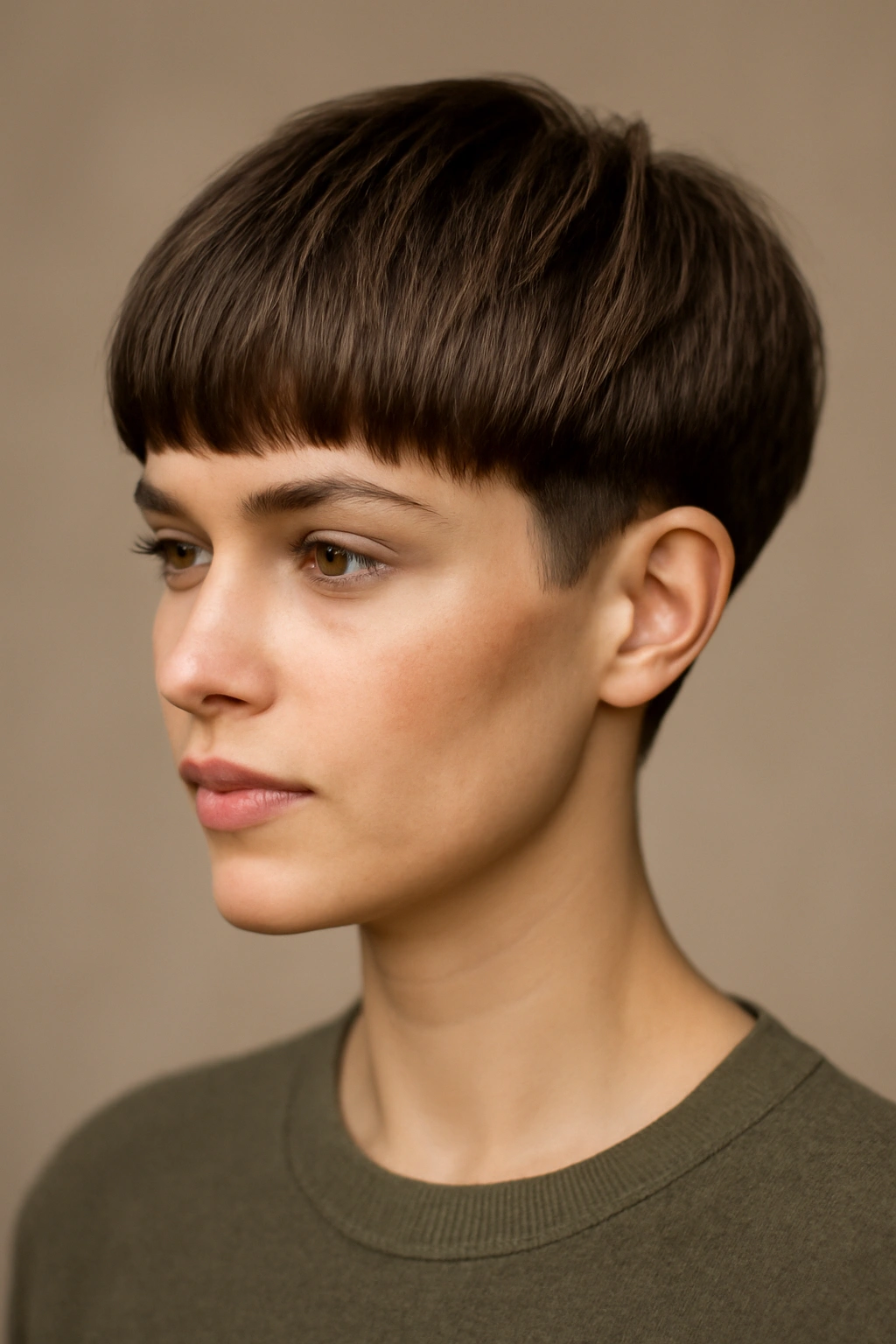 Portrait of a person with a curved pixie-bowl blend haircut