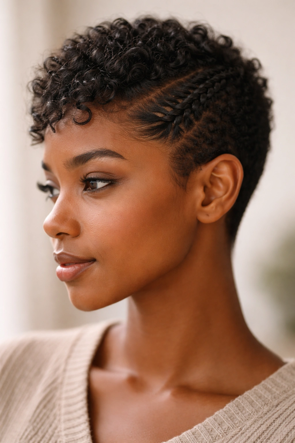 Close-up of a pixie braid on short textured hair near the temple