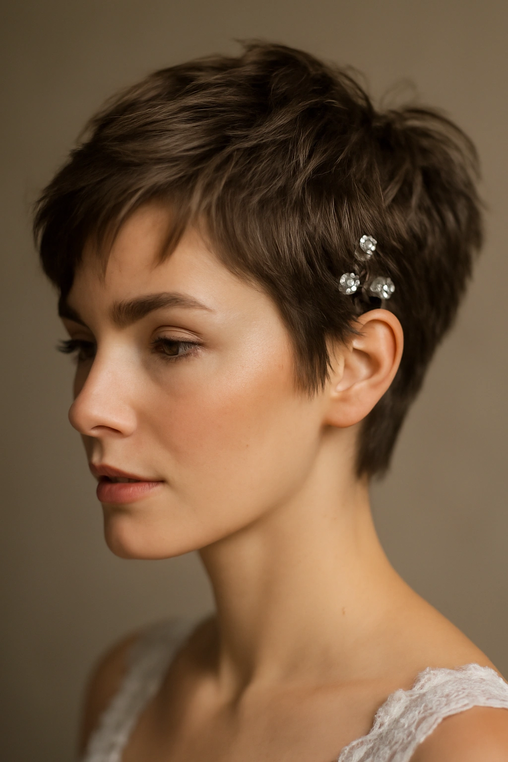 Close-up of a textured pixie with subtle layers and rhinestone embellishments