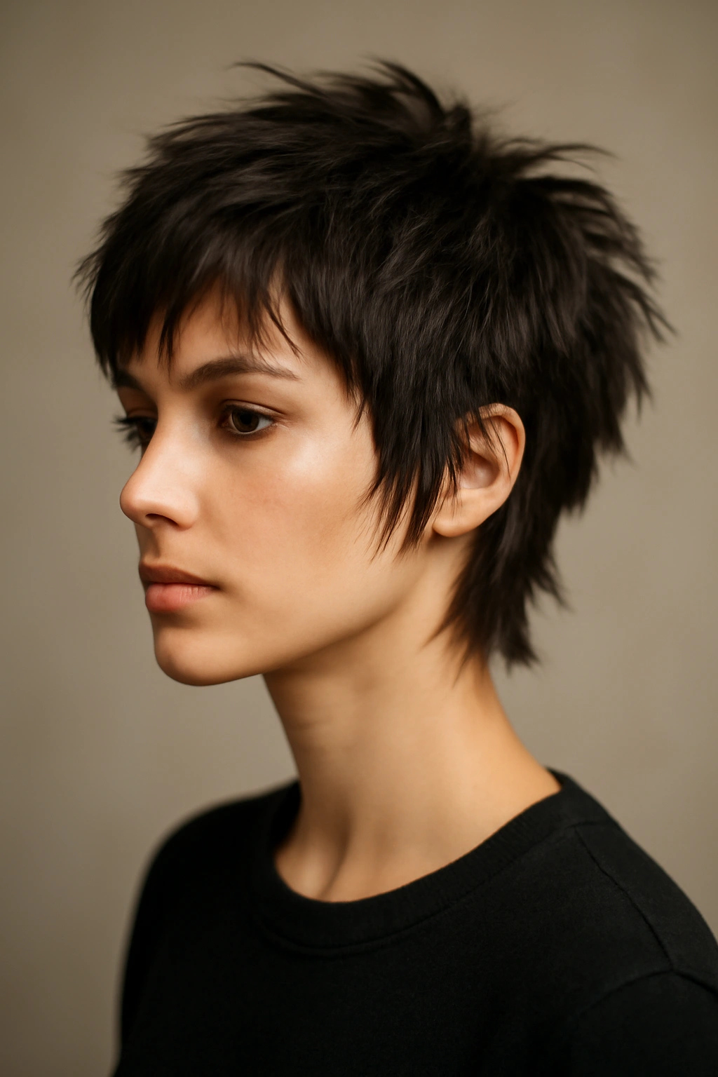 Choppy pixie with longer layers showing bold volume and edge
