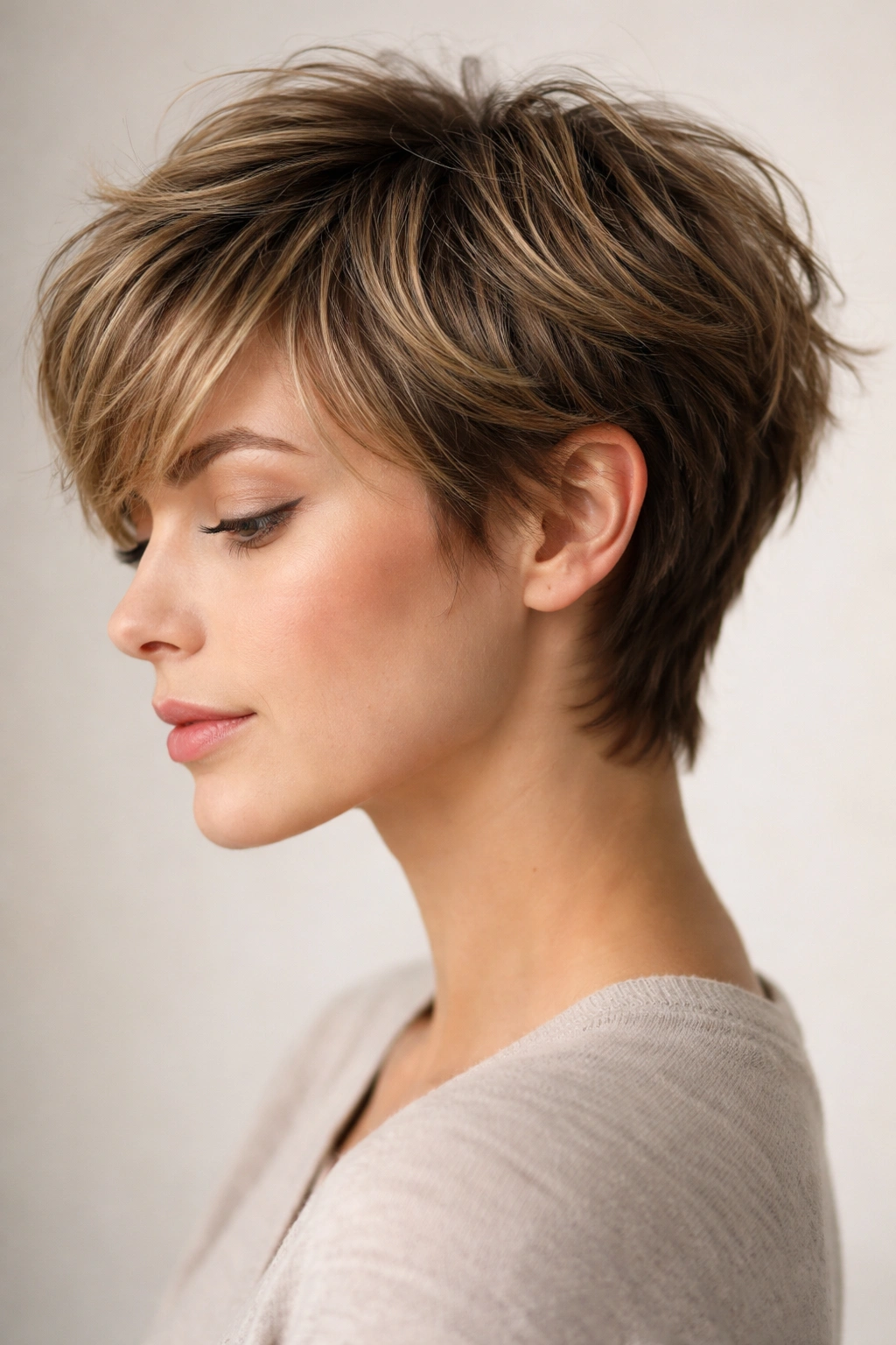 Close-up of a grown-out pixie with choppy texture and layered volume