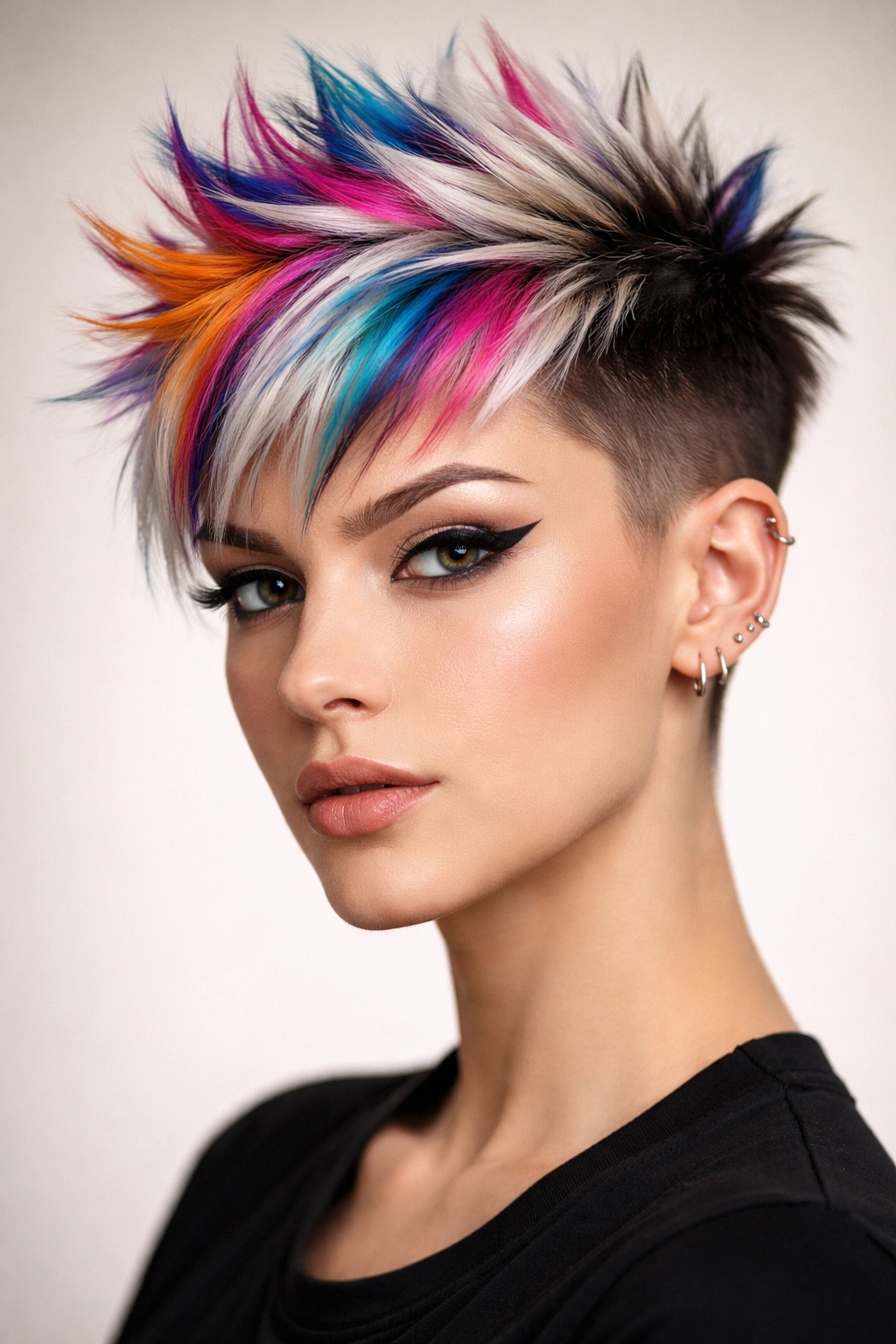 Front-facing pixie with color blocks in a studio setting