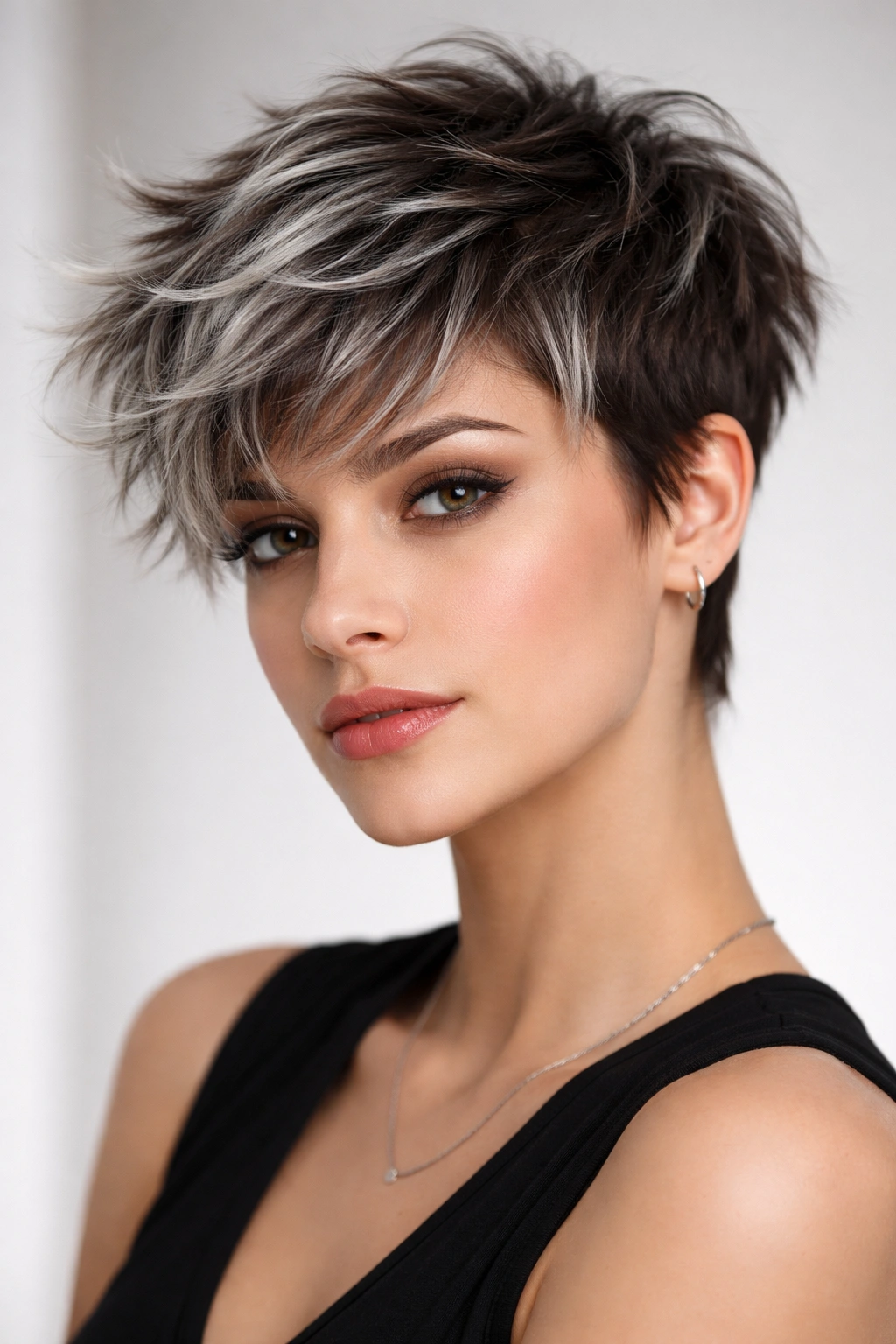 Close-up of a tousled pixie with frosted gray tips on the ends.