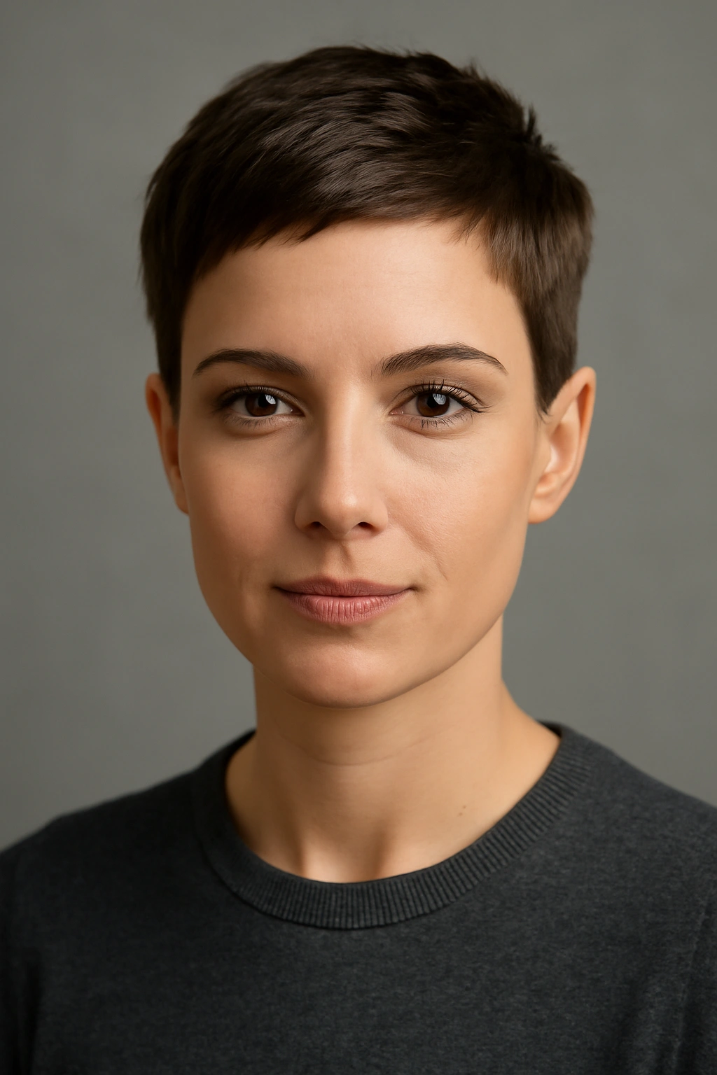 Close-up portrait of a professional woman with an inch-long polished pixie crop