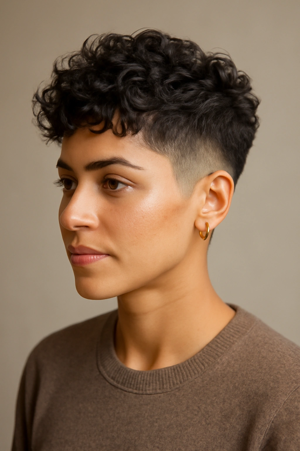 Close up of Latina woman with textured pixie crop showing voluminous curls and faded sides